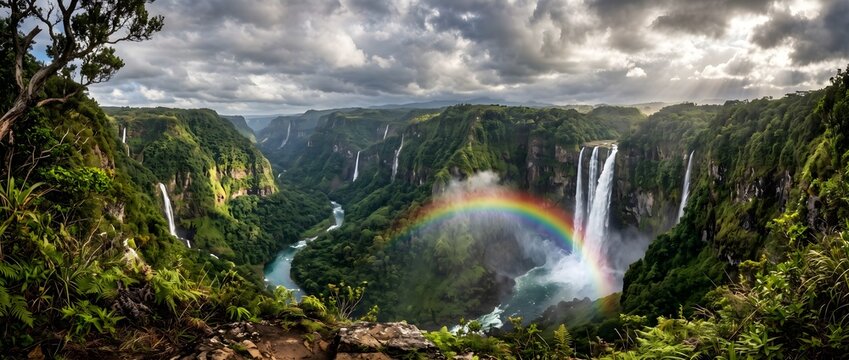 Sweeping panoramic vista of a colossal lush green canyon with waterfall cascades and a permanent rainbow mist under dramatic clouds