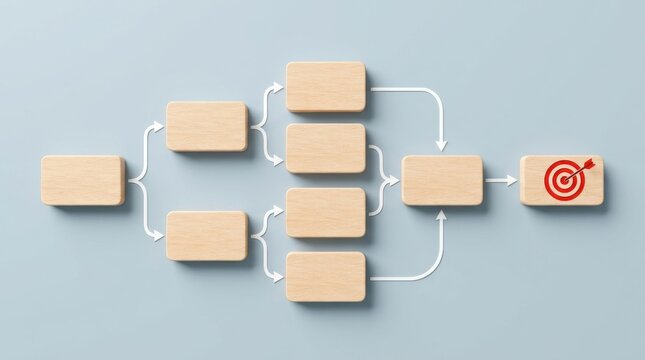 Wooden blocks flowchart with target icon illustrating strategic planning and goal setting on blue background