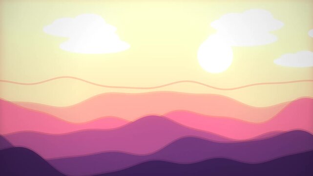 Stylized layered mountain landscape with soft pastel colors and clouds during sunrise or sunset