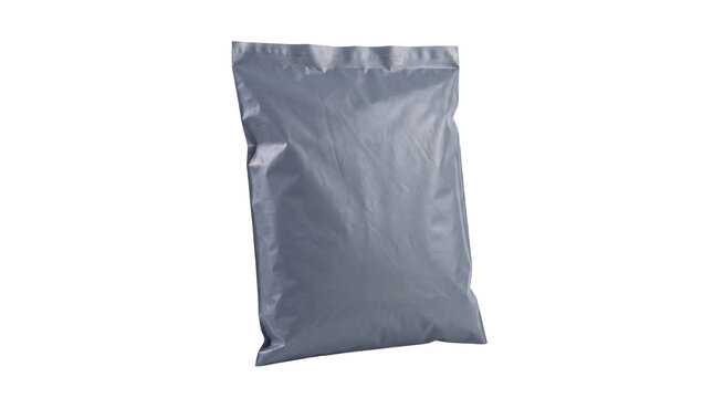 Gray plastic poly mailer bag for shipping, blank parcel envelope bag for packaging, plastic courier mailing pouch for ecommerce isolated PNG with Transparent Background