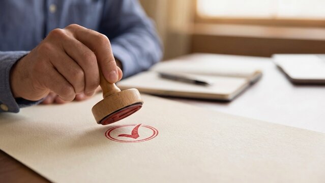 Office worker stamping approval checkmark on document at desk representing official authorization, quality control and bureaucratic verification
