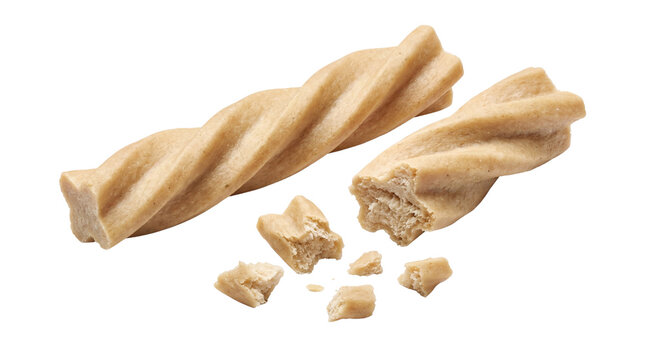 Chewy dog treat stick, twisted pet snack bone for dental health, broken canine chew stick isolated PNG with Transparent Background