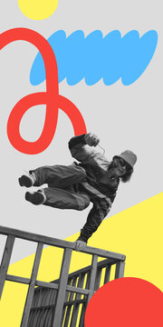 Young man vaulting over wooden railing amid colorful drawn shapes with daring energy. Urban fitness, youth culture, personal freedom concept.