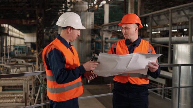 Worker input, Process flowcharts, Electrical plans. Factory walls witness engineer and builder immersed in study of structural blueprints.