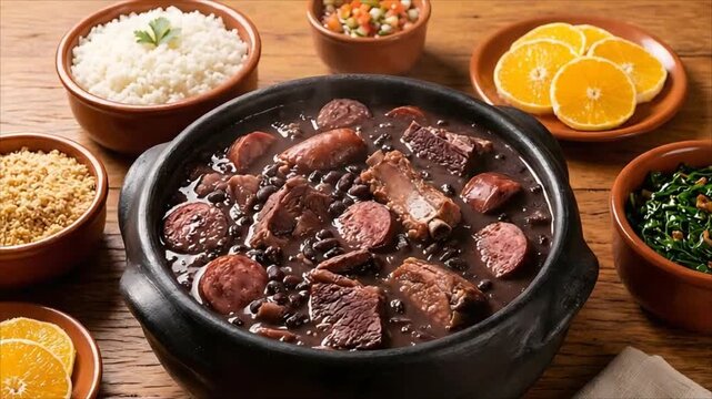 Traditional Brazilian feijoada stew with black beans, pork and sausage, served with rice, farofa, collard greens and orange slices. A hearty cuisine classic.