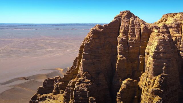 Towering yardang rock formations rise dramatically above the vast desert floor of Dahaidao under a clear blue sky.