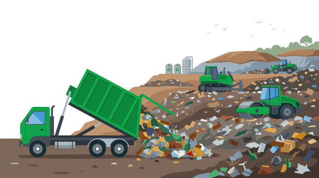 Green garbage truck unloading waste at a landfill site with heavy machinery including a bulldozer and compactor working on piles of trash for municipal waste management.