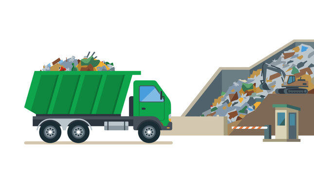 Flat vector illustration of a green heavy-duty garbage truck loaded with waste materials approaching a municipal landfill site with an excavator and security entrance gate.