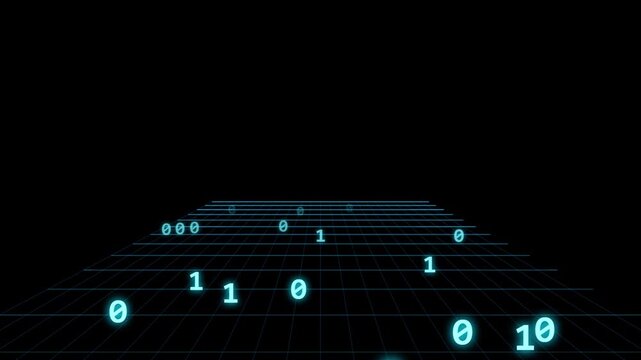 Blue neon digital cyber grid perspective floor with floating binary numbers one and zero loop.