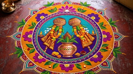 Obraz premium Colorful Gudi Padwa rangoli design on floor. Traditional floral sand art with kalash and auspicious gudi motifs for Marathi New Year