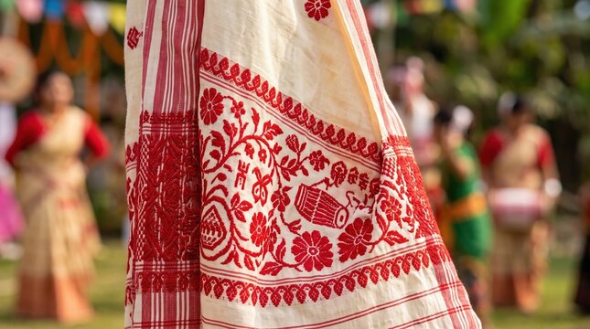 Closeup of a traditional Assamese gamosa textile with intricate red woven embroidery. Cultural woven cotton scarf displayed at Bihu festival