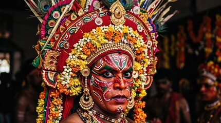 Fototapeta premium Theyyam ritual dance artist from Kerala with painted face and towering headdress. Traditional Indian folklore performer