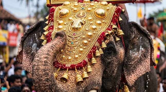 Decorated temple elephant wearing golden nettipattam at Thrissur Pooram festival. Kerala cultural festival celebration