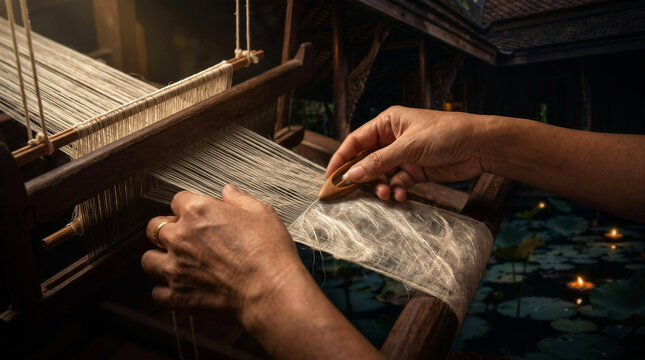 Close up of artisan hands holding shuttle and weaving fine silk fabric on traditional wooden loom