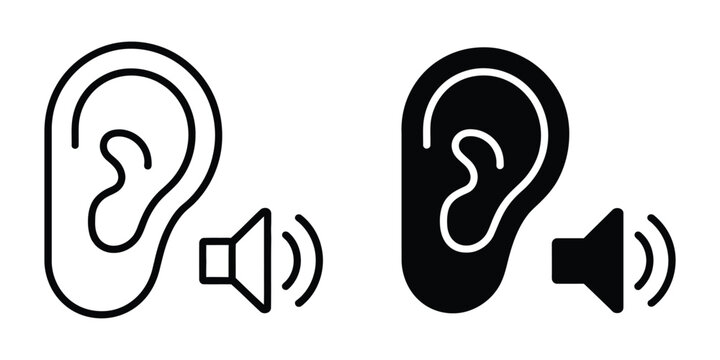 Ear hearing impairment flat outline icon in black, representing deafness, hearing loss, accessibility, communication challenges, assistive services, and inclusive design.