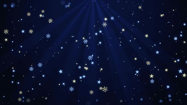 Festive winter snowfall with stars and blue snowflakes falling down under light rays loop.