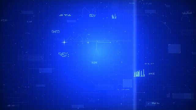 Futuristic digital interface with glowing blue grid and data visualizations in motion