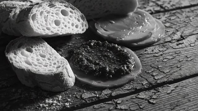 Black and white still life of bread slices and appetizing food arrangements on rustic wooden surface