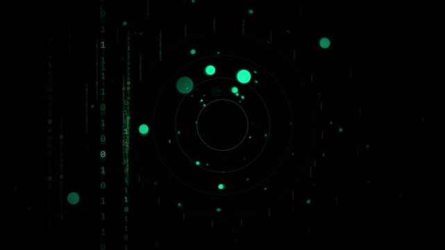 Abstract digital background featuring flowing green binary code and circular data particles