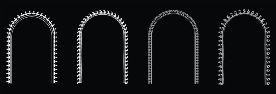 Decorative Arch Border Collection Featuring Intricate Beaded Metallic Frames On Black Background