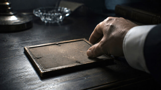 Close up of an older man reaching for a vintage picture frame lying face down on a dark wooden desk