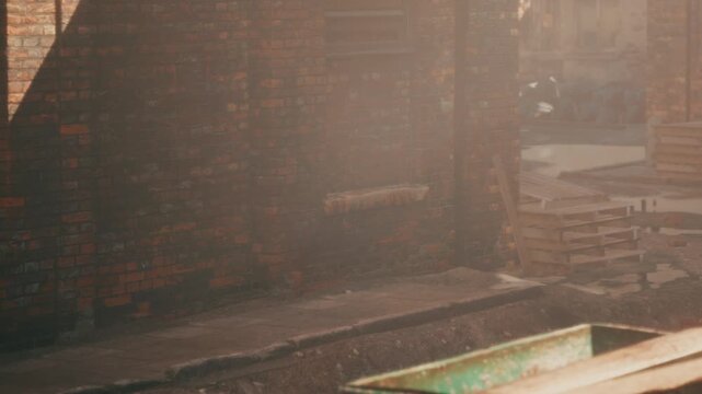 A serene scene unfolds in a quiet alley as sunlight filters through the dust. Old brick walls stand tall beside stacks of wooden crates, evoking a sense of history and character.