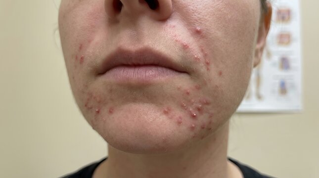 Perioral Dermatitis Rash with Inflamed Papules on a Woman's Chin and Lower Face Close-Up, Ideal for Clinical Dermatology, Skin Care Treatment, and Healthcare Editorial Use