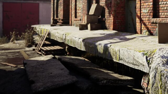 An old loading dock stretches under the sun, with moss covering the stone surface. Wooden pallets and stacked boxes suggest a once busy industrial era in this quiet, forgotten space.