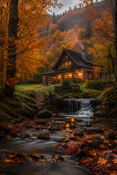 Cozy Wooden Cabin in Autumn Forest with Waterfall and Glowing Lights at Dusk