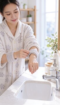 洗面所で袖をまくって身支度をする柄入りルームウェアの女性