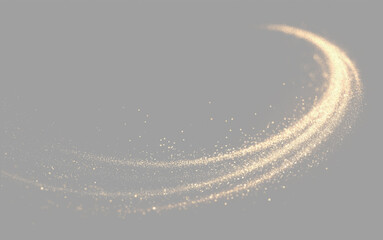 Golden stardust swirl with shimmering glitter particles on transparent background. Glowing magic sparkle trail PNG overlay effect. © Andrey