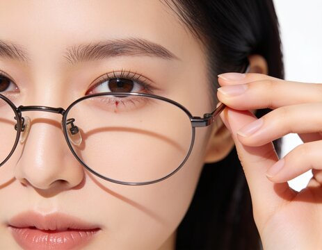 眼鏡のフレームに手を添える女性の目元のクローズアップ