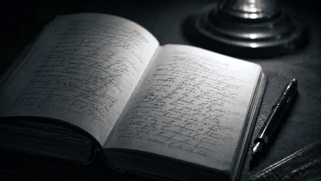 Open vintage notebook filled with handwritten notes beside a fountain pen on a dark desk