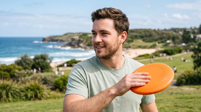 A man holding an orange frisbee in a park with a scenic ocean view in the background.