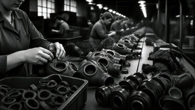 Vintage factory workers assembling rubber protective masks on a long industrial production line