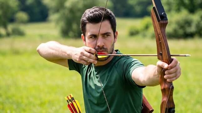 A focused man aims his arrow with a bow and arrow in a grassy field, preparing to shoot.