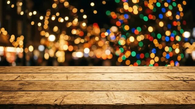Rustic wooden table surface in front of blurred christmas street lights at night bokeh background holiday background rustic wood background copy space bokeh background holiday background rustic wood