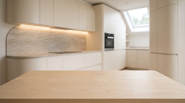 Light Birch Tabletop in Futuristic Minimal Kitchen with Rounded Ivory Cabinetry and Curved Stone Backsplash
