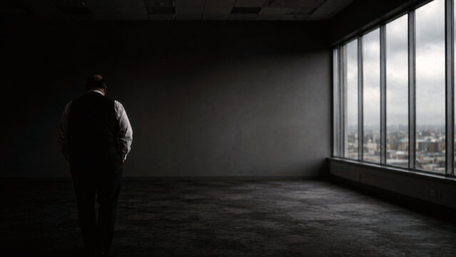 Solitary businessman standing in an empty corporate office overlooking the city through large windows