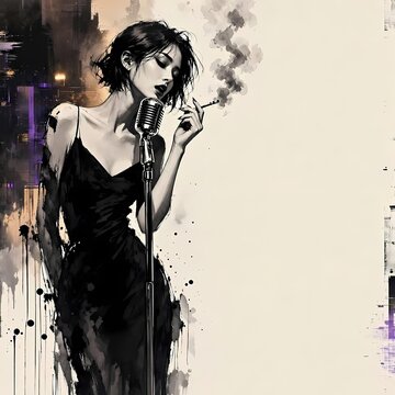 黒ドレスの女性シンガーとスタンドマイク