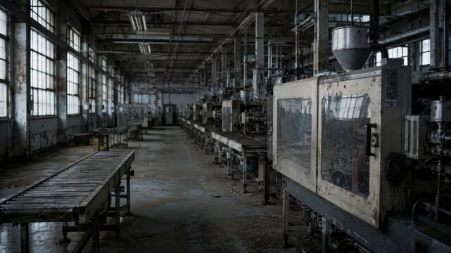 Empty industrial factory with aging machinery and conveyor lines inside a large abandoned manufacturing facility