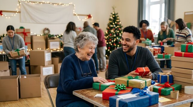 Happy diverse volunteers packing colorful Christmas gift boxes for community charity donation