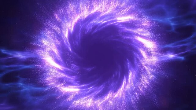 Glowing purple particle vortex rotates and pulses in a dark abstract digital space. Animated texture shows particles and glow with rotating.