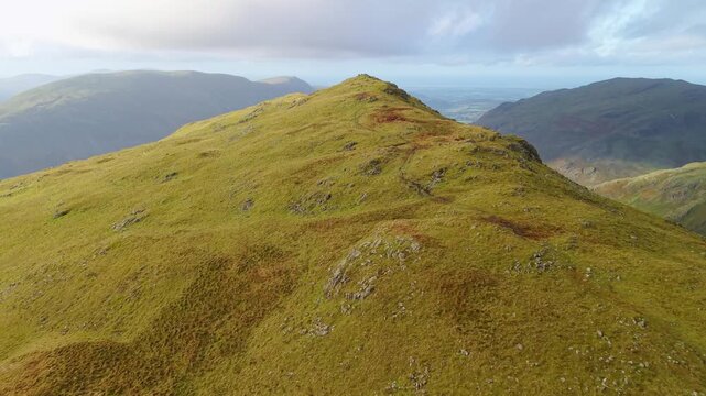 Aerial panoramic views from the Yewbarrow North Top to the Wasdale Head, Wast Water, Scafell, Kirk Fell.  Scenic Drone POV Exploration of the Lake District National Park, Cumbria, UK.