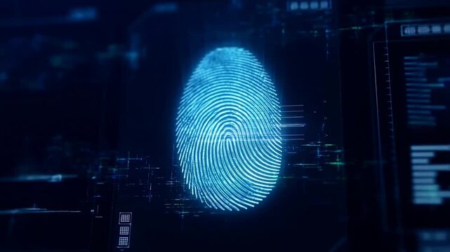 Digital fingerprint scan interface displays glowing blue fingerprint lines and data panels on a dark background. Interface motion and glowing light show clear digital screen activity.