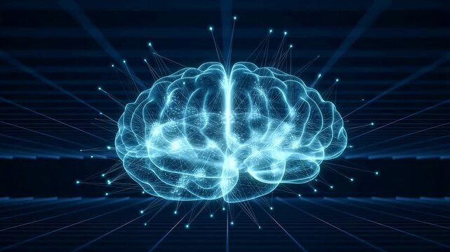 Glowing digital wireframe brain model with pulsing connecting nodes and extending lines on a dark grid floor. Futuristic backdrop inspired by brain connectivity and neural network.