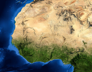 West Africa Terrain Map Illustration. West Africa terrain map showing Saharan desert and hillshaded 3D relief. Elements of the illustration derived from NASA Imagery and SRTM DEM. © Eugene Ga