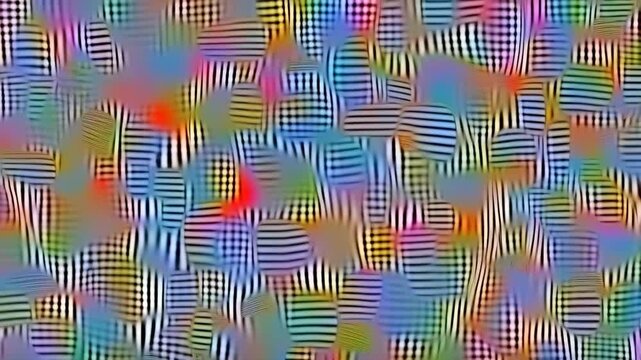 Colorful irregular shapes with wavy black and white stripes flow and shift across a multicolored abstract background. Soft blur adds depth and energy to the animated scene.