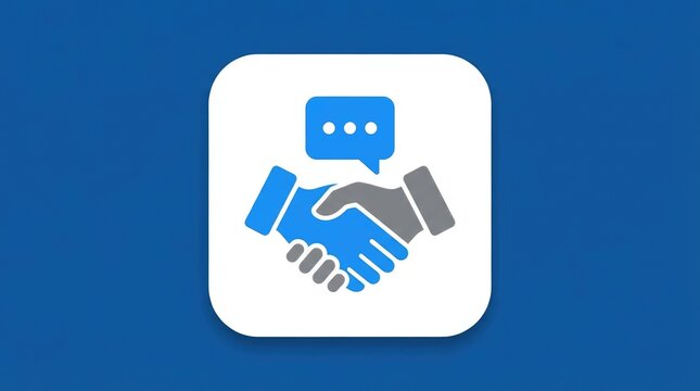 Icon of a handshake with a speech bubble above it, representing communication, agreement, negotiation, and professional partnership on a blue background international day for tolerance