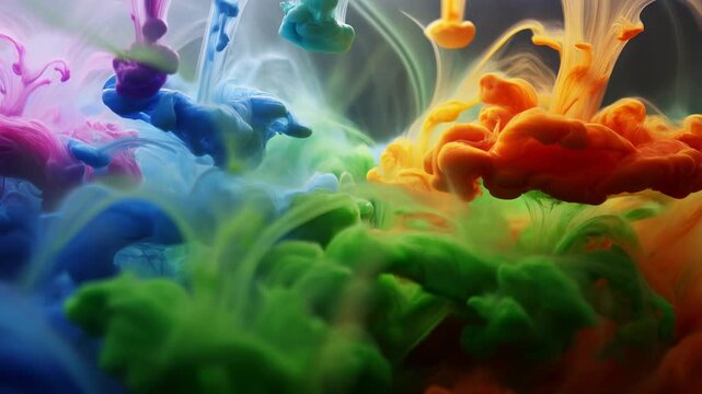 Colorful ink drops fall and diffuse in liquid, creating swirling clouds of purple, blue, green, orange, and yellow. Futuristic backdrop inspired by color mixing and fluid motion.